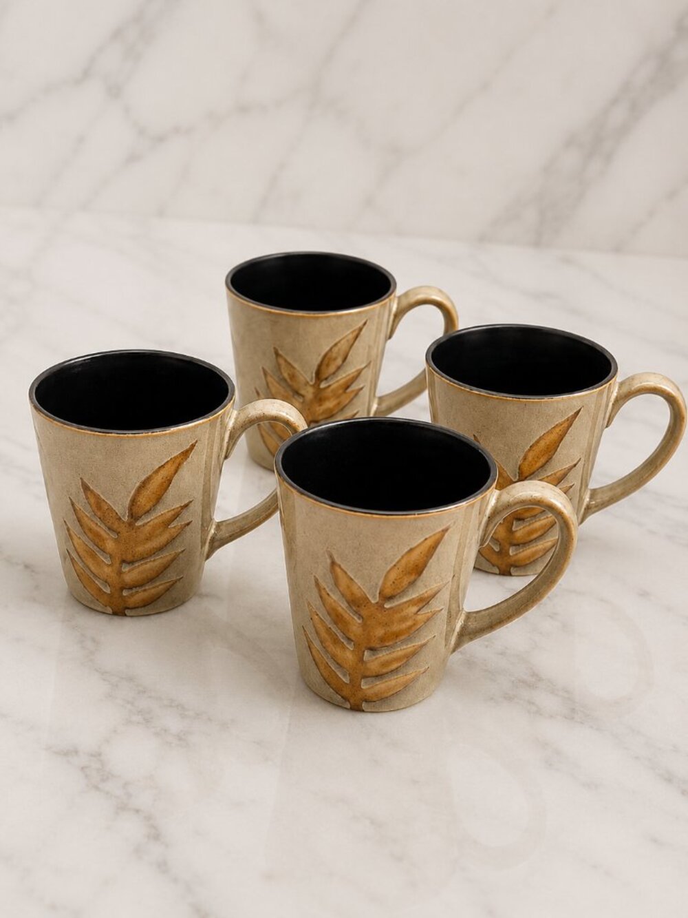 Set of 4 Home Trends Island Leaf Ceramic Coffee Mug 12oz Black Interior Tropical